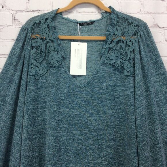 Bloomchic Sweater Women's Plus 22/24 Heathered Teal Lace Inserts Business Casual - Picture 6 of 10